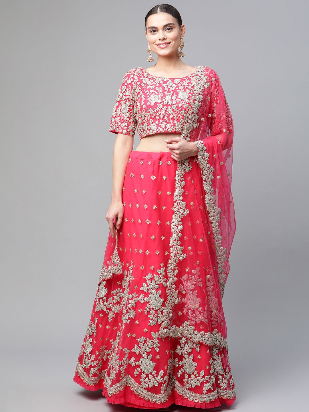 Readiprint Fashions Pink & Silver-Toned Embroidered Thread Work Semi-Stitched Lehenga & Unstitched Blouse Price in India