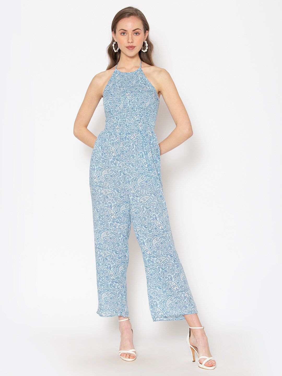 FLAWLESS Blue Halter Neck Printed Basic Jumpsuit Price in India