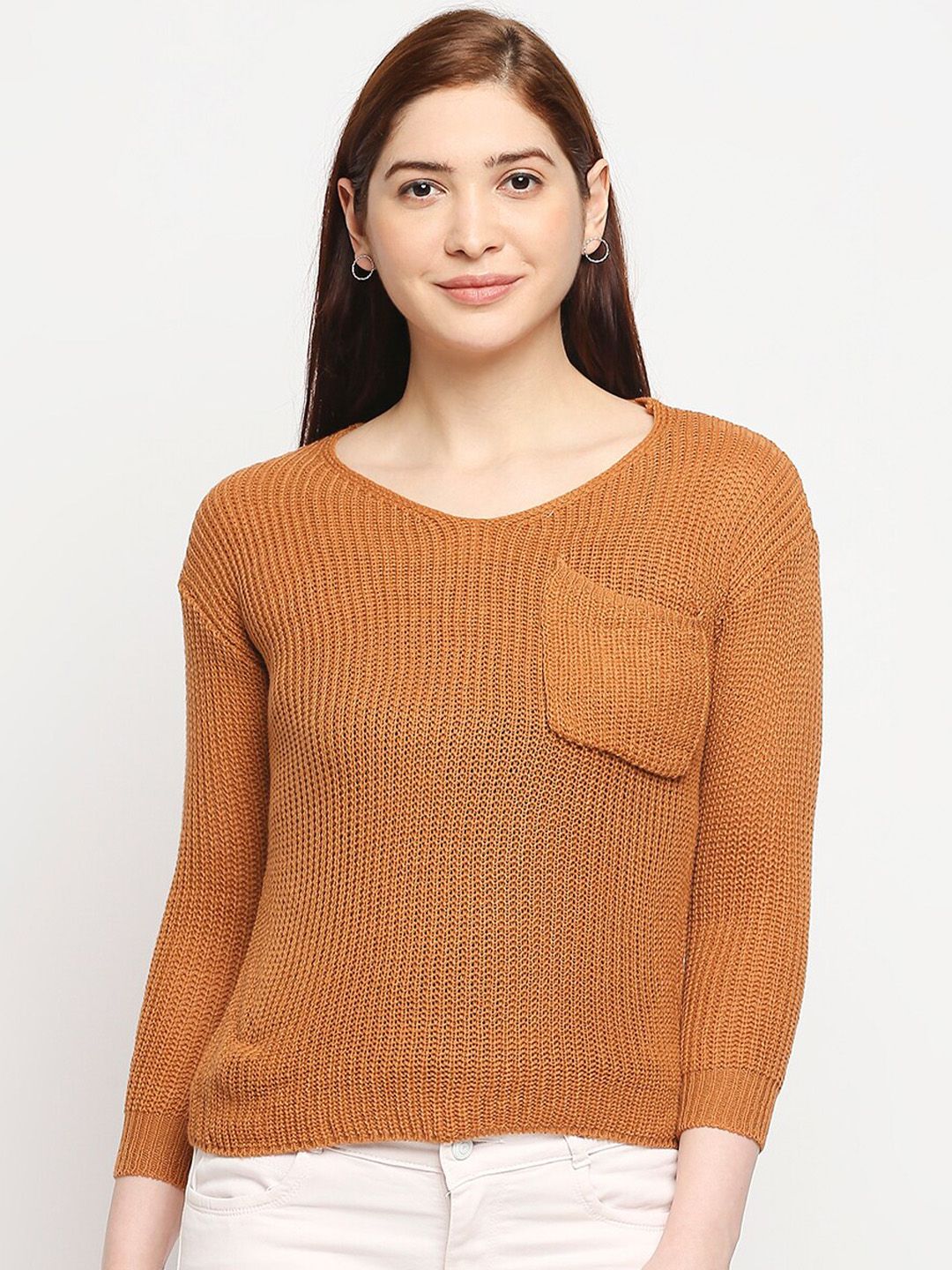 LYKKEIN Women Brown Open Knit Pure Acrylic Pullover Price in India