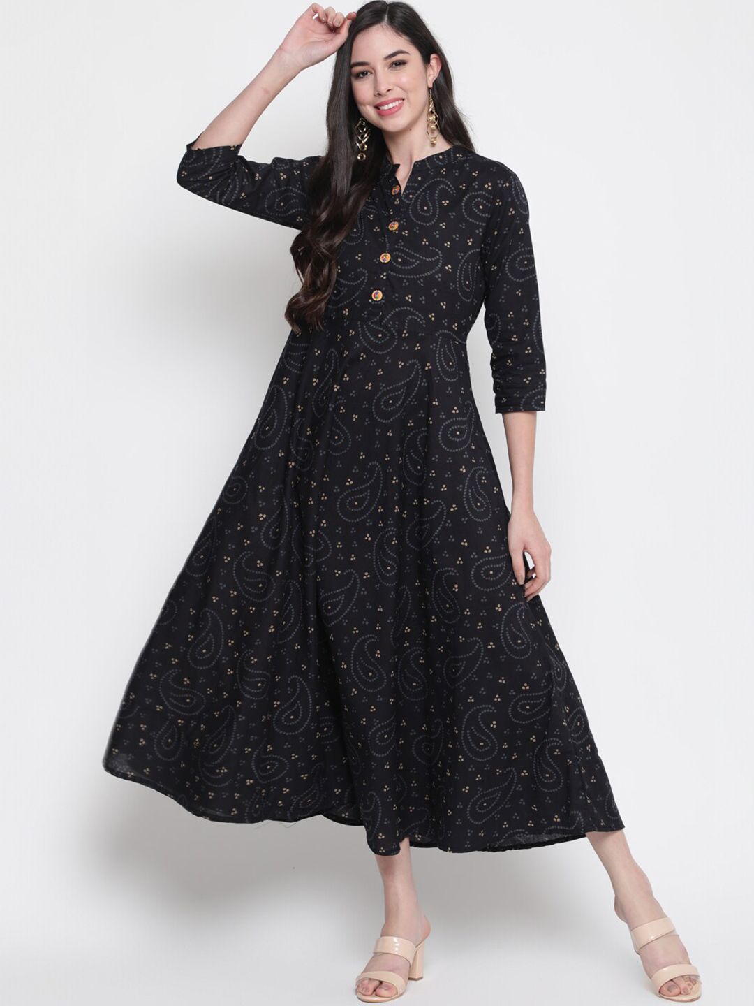 GLAM ROOTS Black Bandhani Printed Ethnic A-Line Midi Dress Price in India