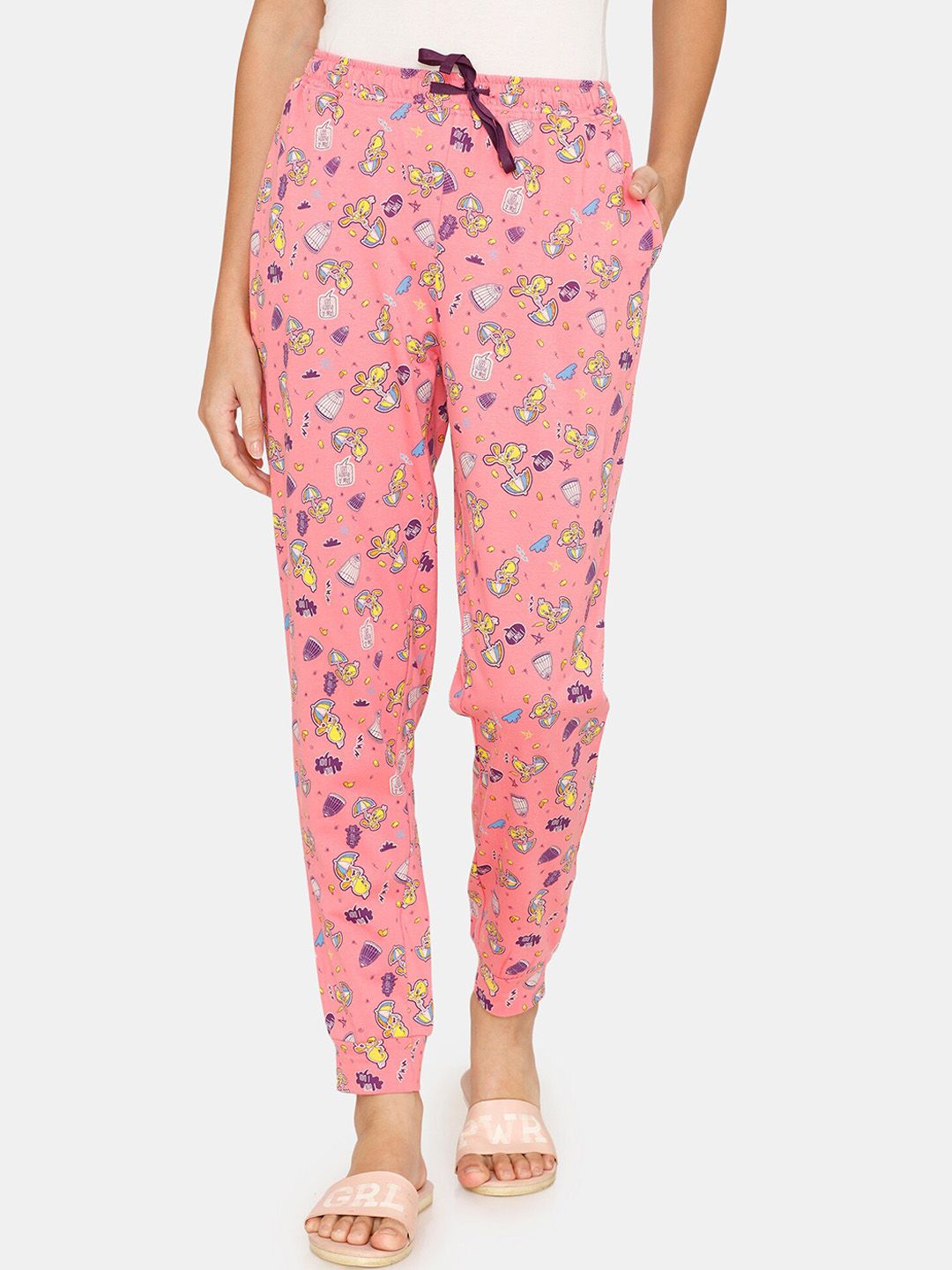 Zivame Women Pink Looney Tunes Printed Cotton Lounge Pants Price in India