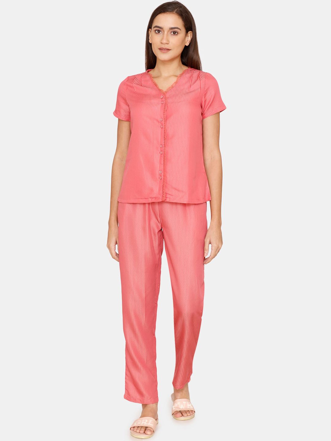 Zivame Women Pink Striped Night suit Price in India