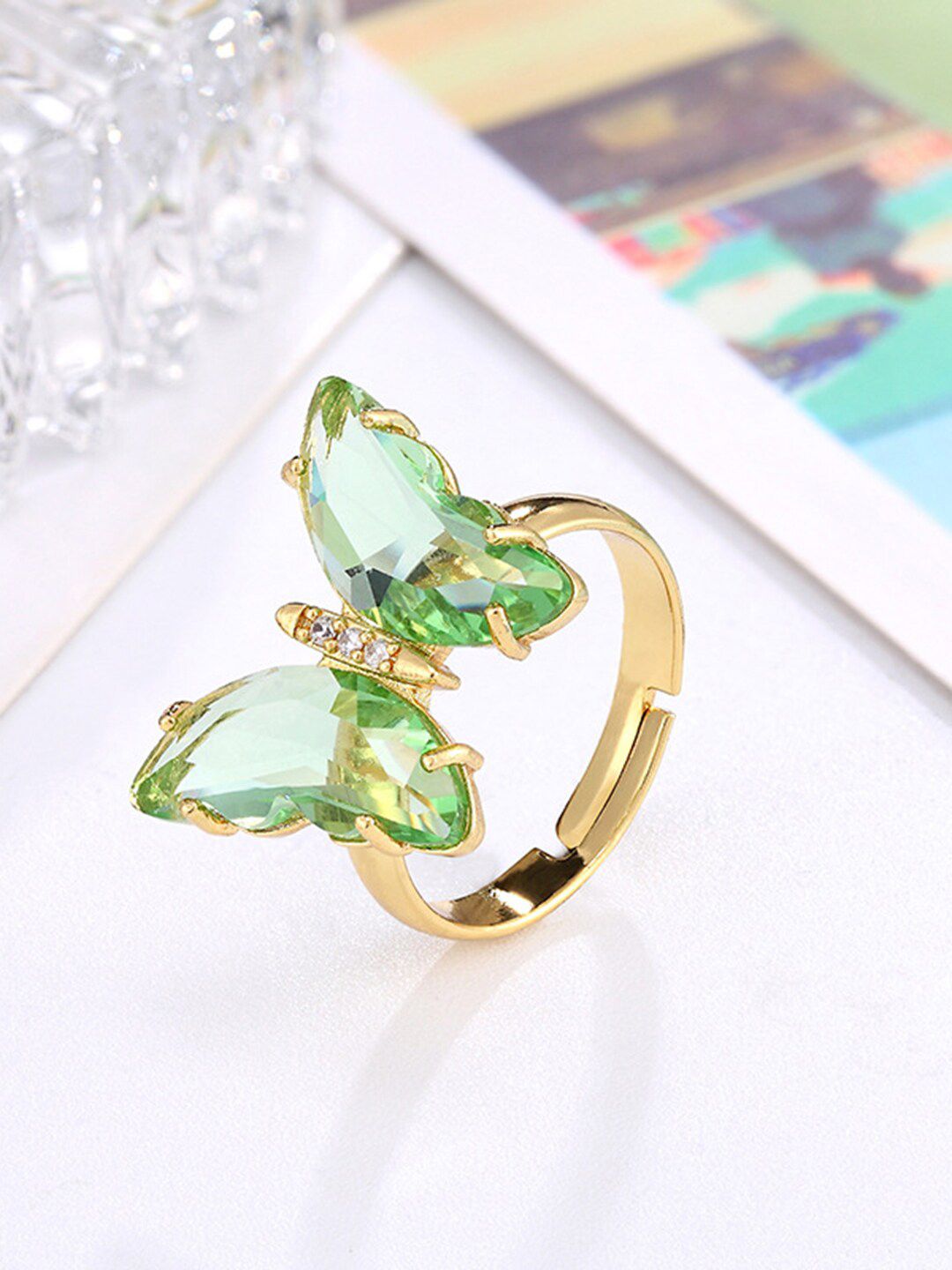 Vembley Woman Green Crystal Butterfly  & Gold Plated Ring Price in India