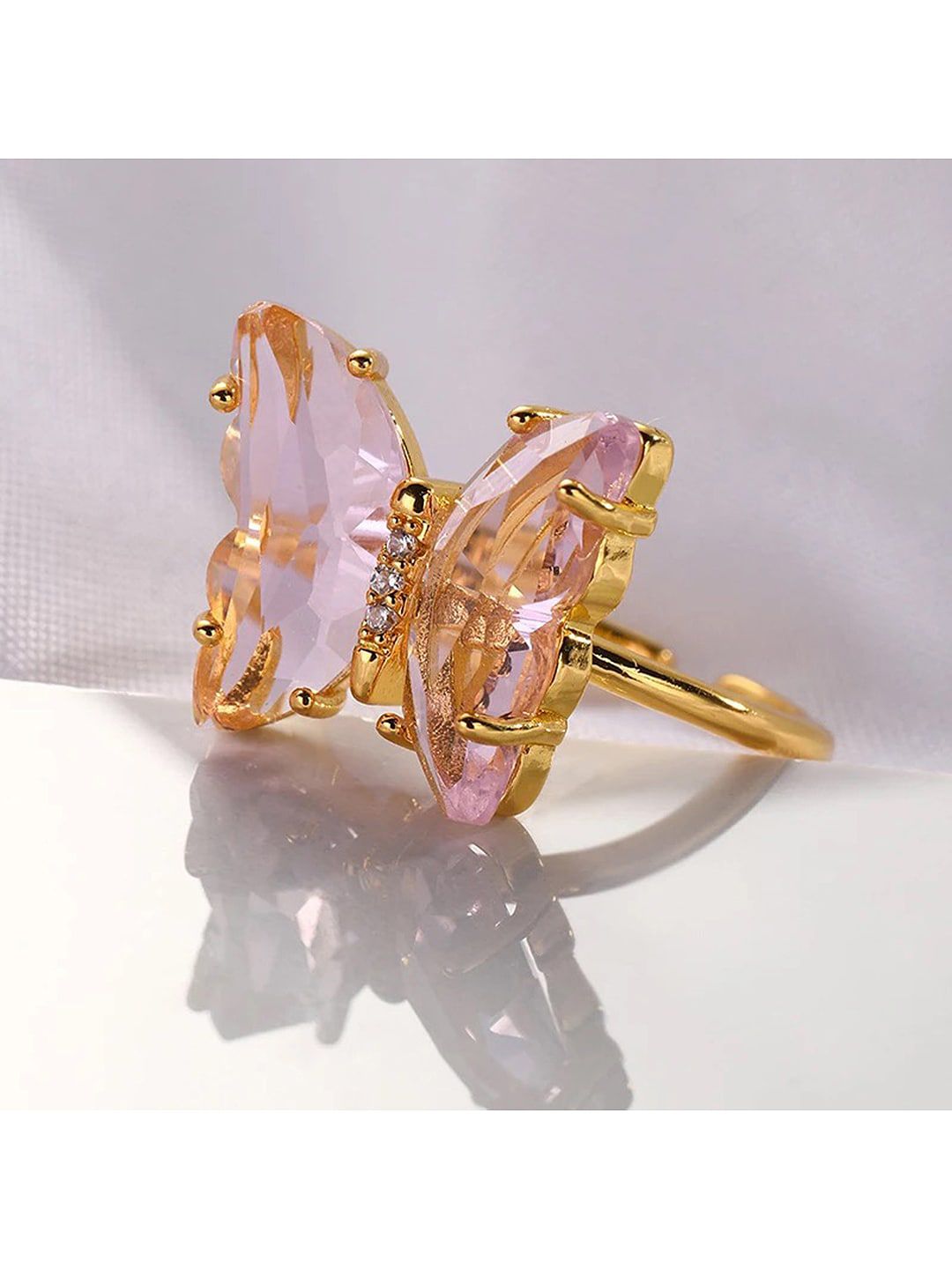 Vembley Women Pink Gold Plated Pink Crystal Butterfly Ring Price in India