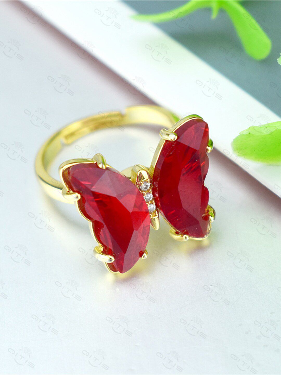 Vembley Women Gold-Plated Red Crystal Butterfly Ring Price in India
