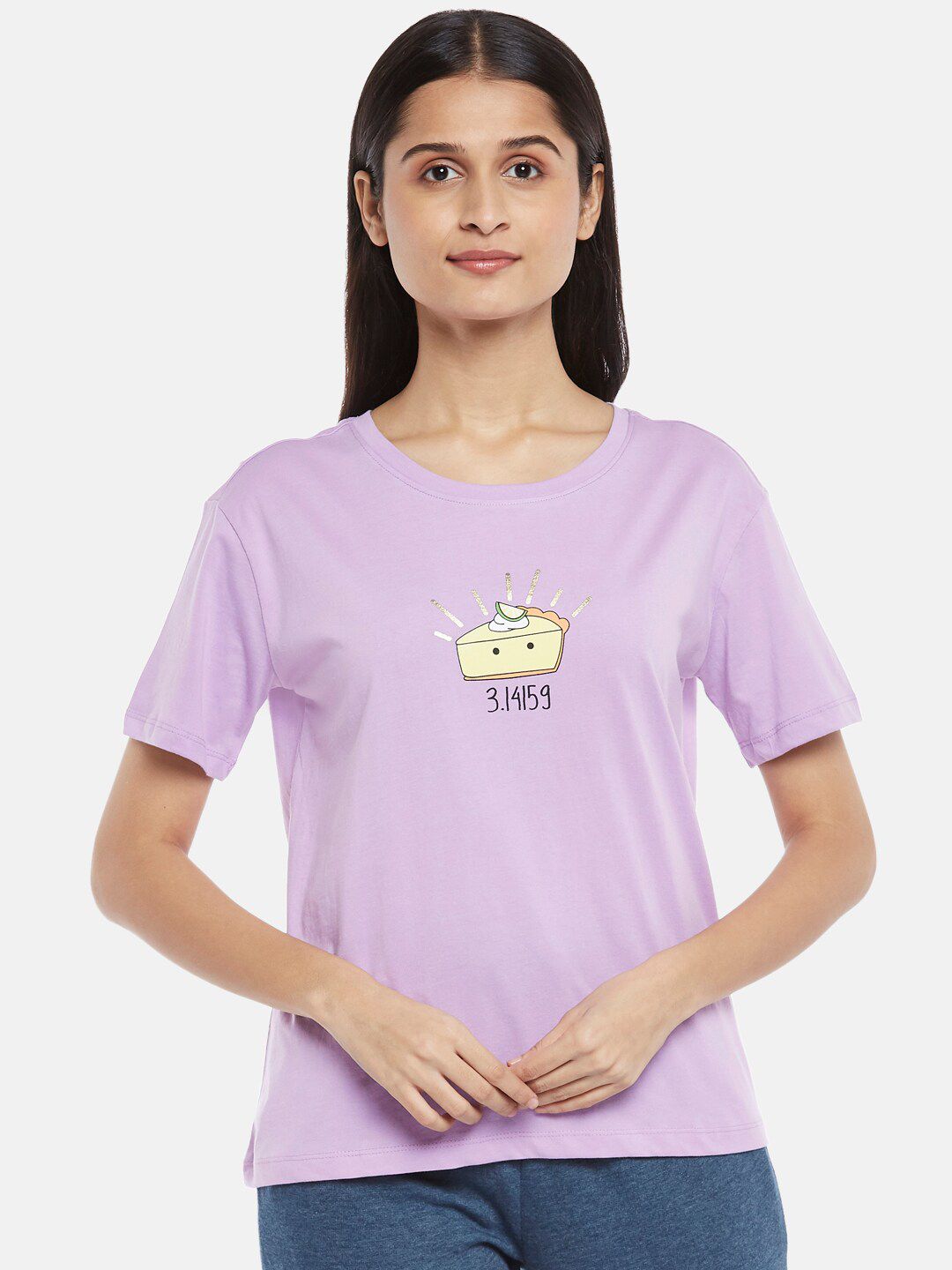 Dreamz by Pantaloons Women Lavender Solid Pure Cotton Lounge tshirt Price in India