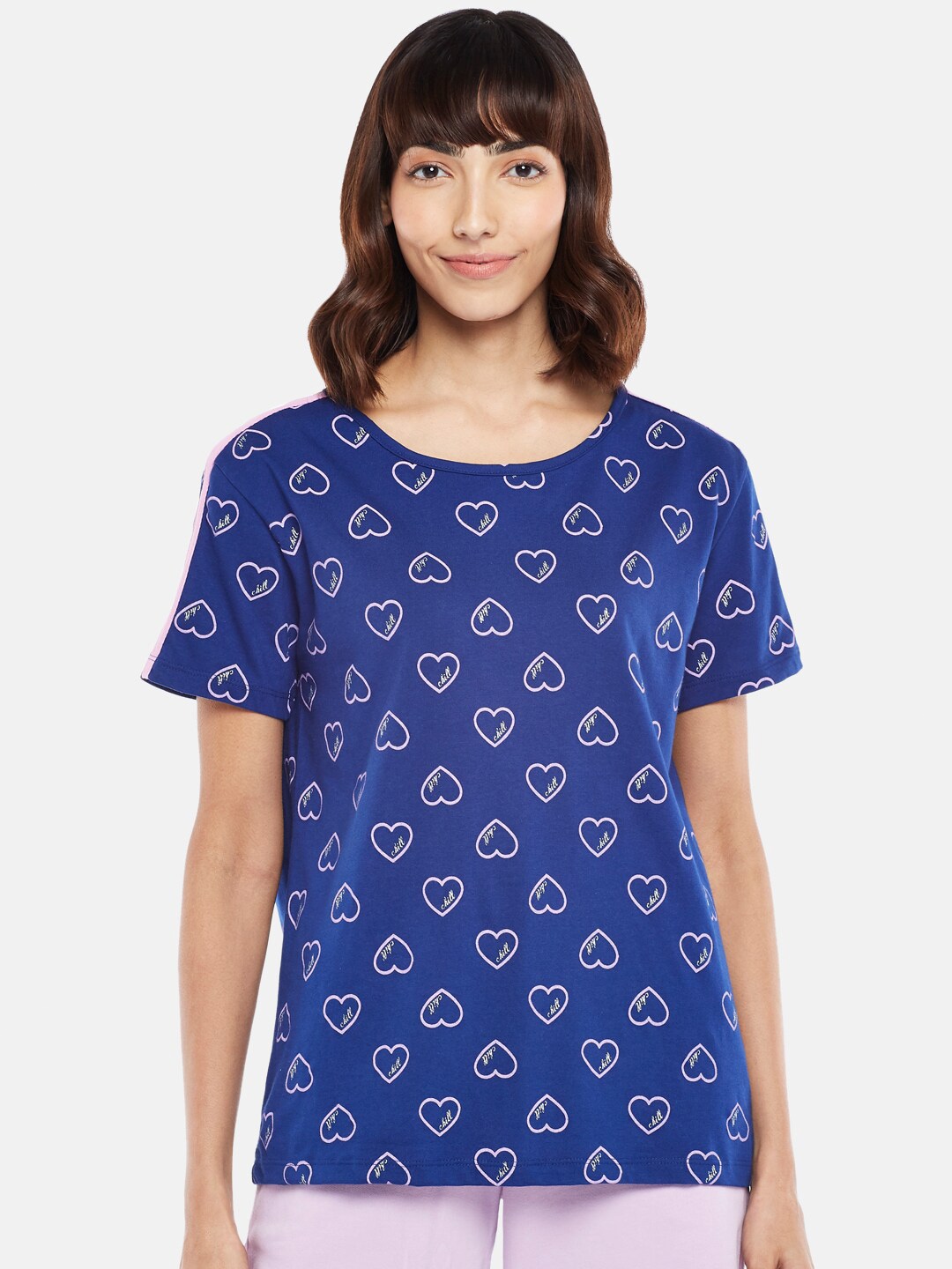 Dreamz by Pantaloons Women Navy Blue Printed Pure Cotton Lounge tshirt Price in India