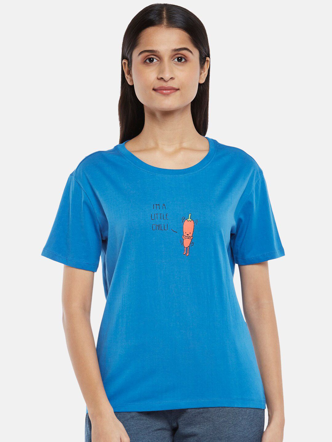 Dreamz by Pantaloons Women Blue Typography Printed Pure Cotton Lounge T-shirt Price in India