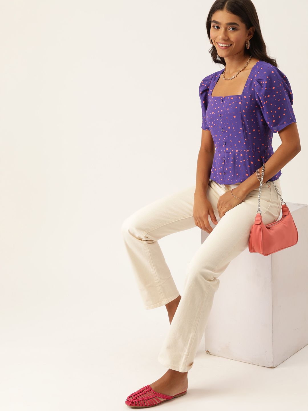 DressBerry Women Purple & Orange Printed Top with Puff Sleeves