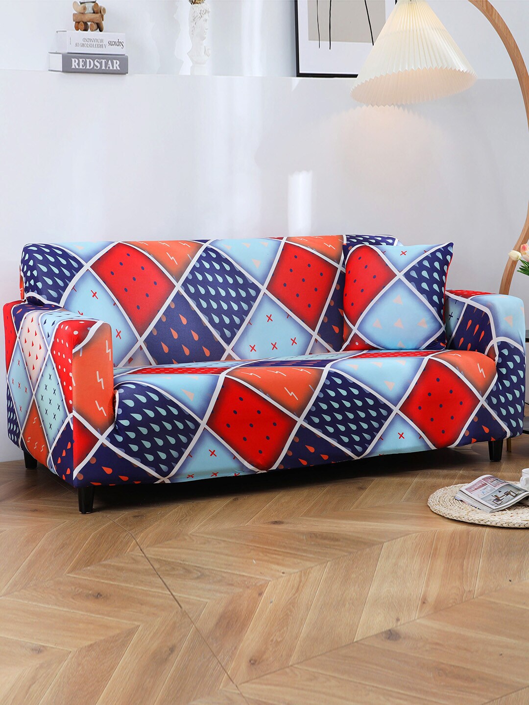 HOUSE OF QUIRK Red & Blue Printed 3-Seater Non-Slip Sofa Cover Price in India