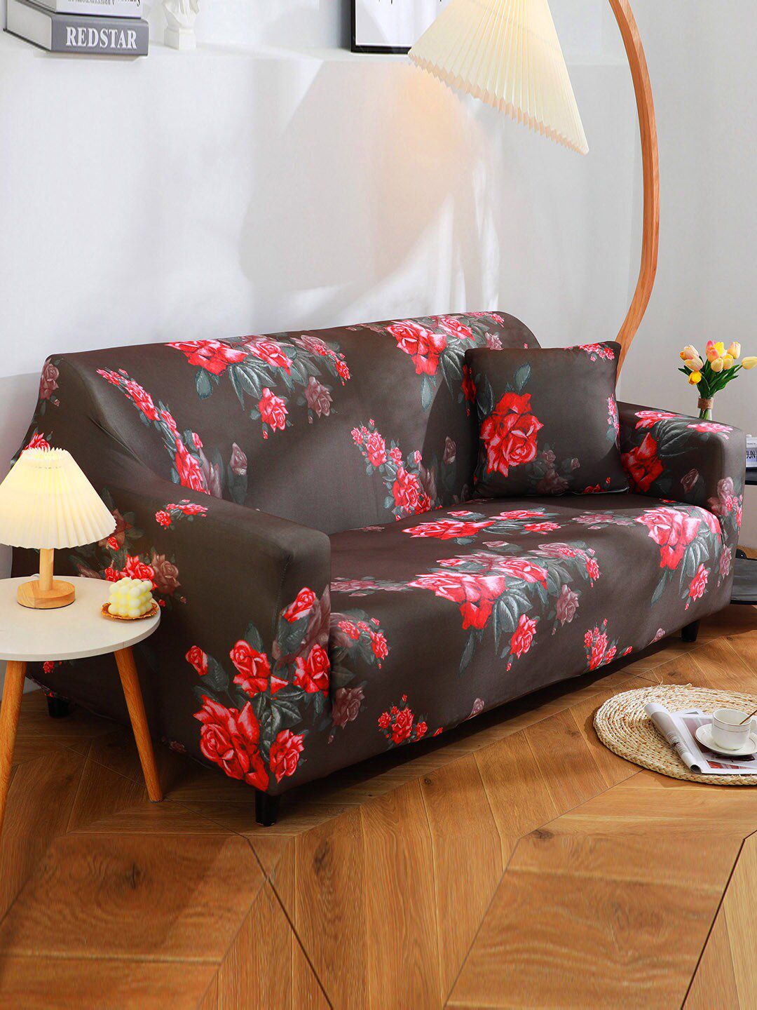 HOUSE OF QUIRK Brown & Red Floral Printed 2-Seater Sofa Cover Price in India