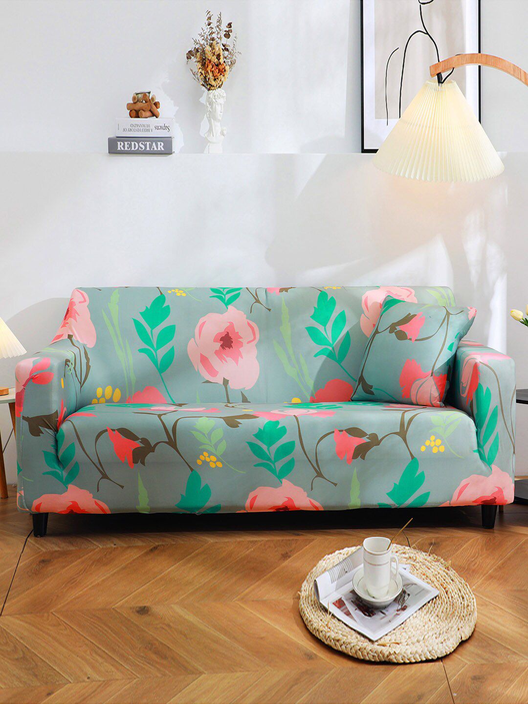HOUSE OF QUIRK Green Floral Printed 3-Seater Stretchable Non-Slip Sofa Cover Price in India