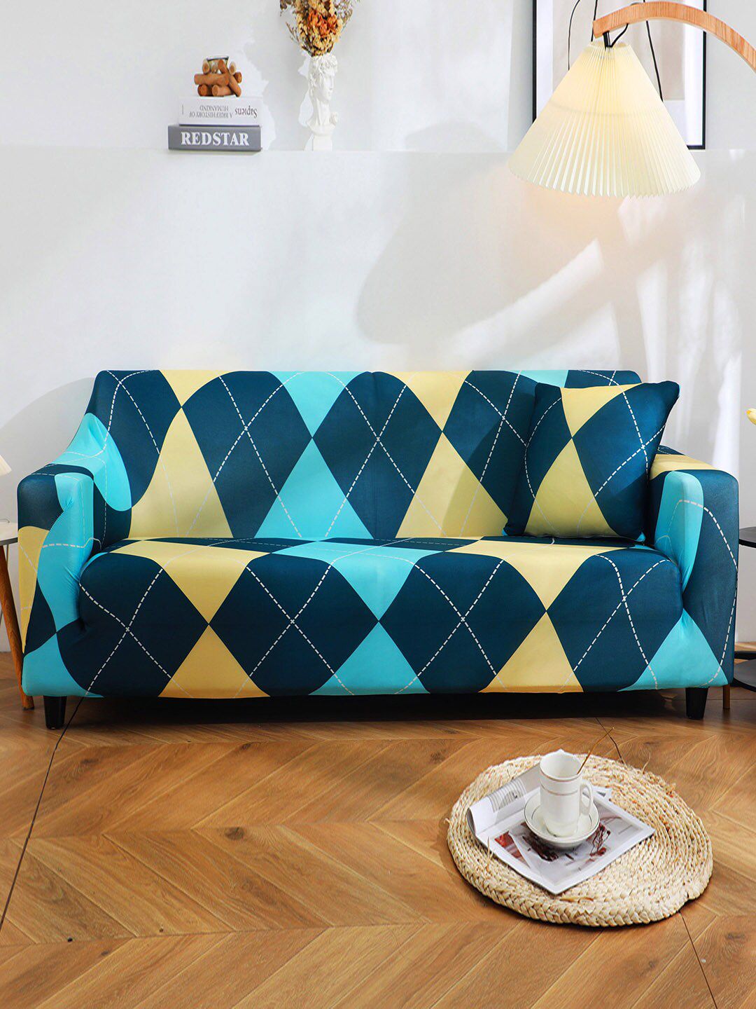 HOUSE OF QUIRK Blue & Yellow Printed 2-Seater Stretchable Non-Slip Sofa Slipcover Price in India