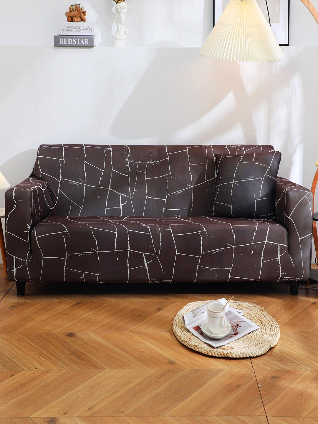 HOUSE OF QUIRK Grey & White Printed 3-Seater Stretchable Non-Slip Sofa Slipcover Price in India