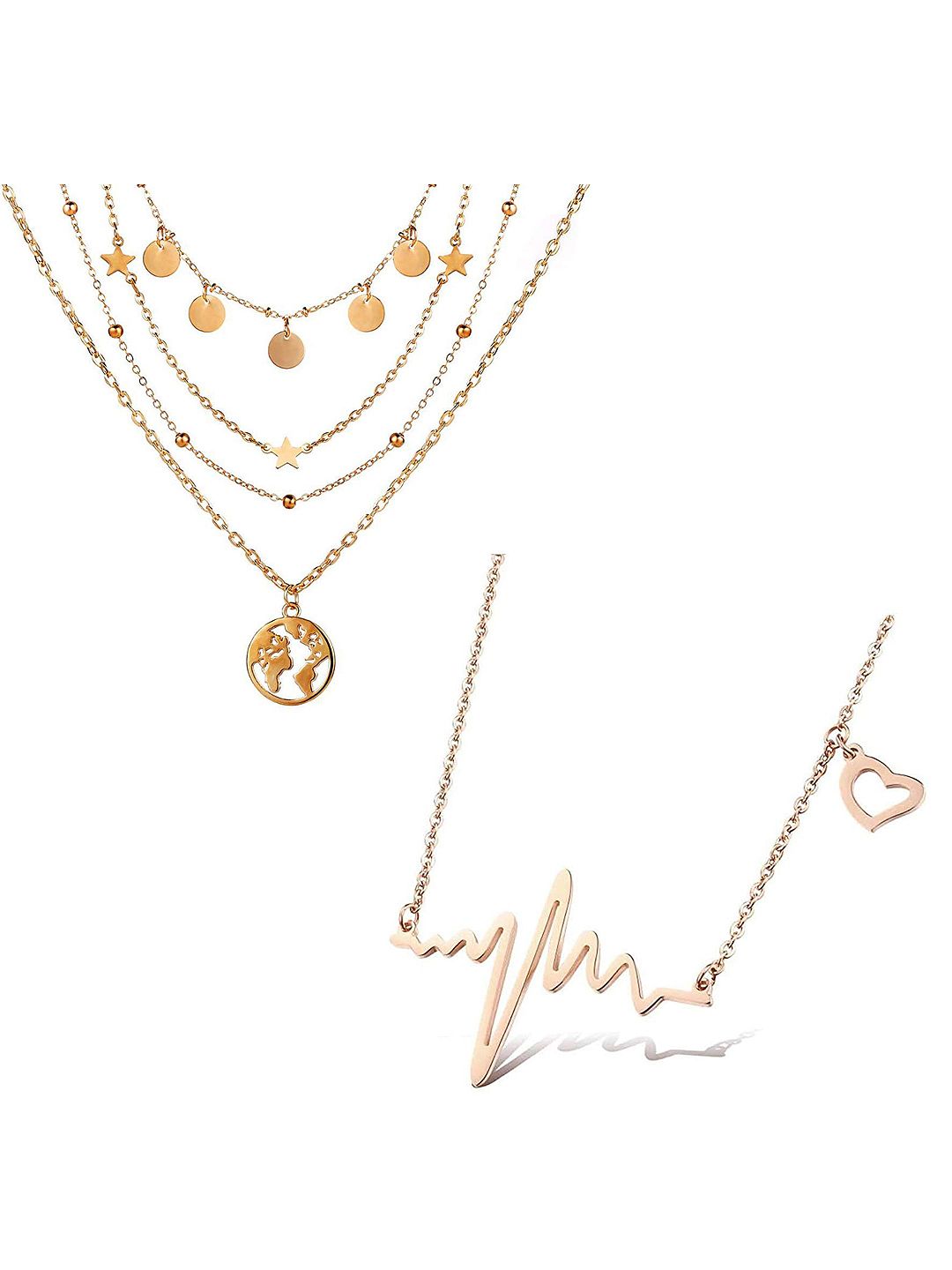 Vembley Set of 2 Gold-Toned Gold-Plated Heartbeat and Butterfly Pendant Layered Necklace Price in India