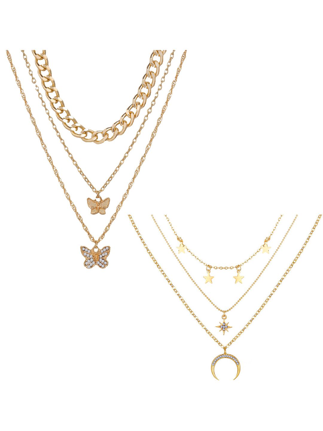 Vembley Set Of 2 Gold-Plated Layered Triple Layered Stars Moon & Butterfly Necklace Price in India