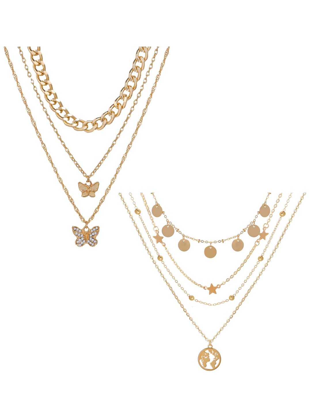 Vembley Set Of 2 Gold-Plated Layered Star World & Butterfly Necklace Price in India