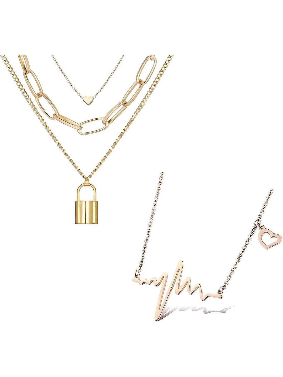 Vembley Set Of 2 Gold-Plated Layered Heartbeat & Lock Heart Pendant Necklace Price in India