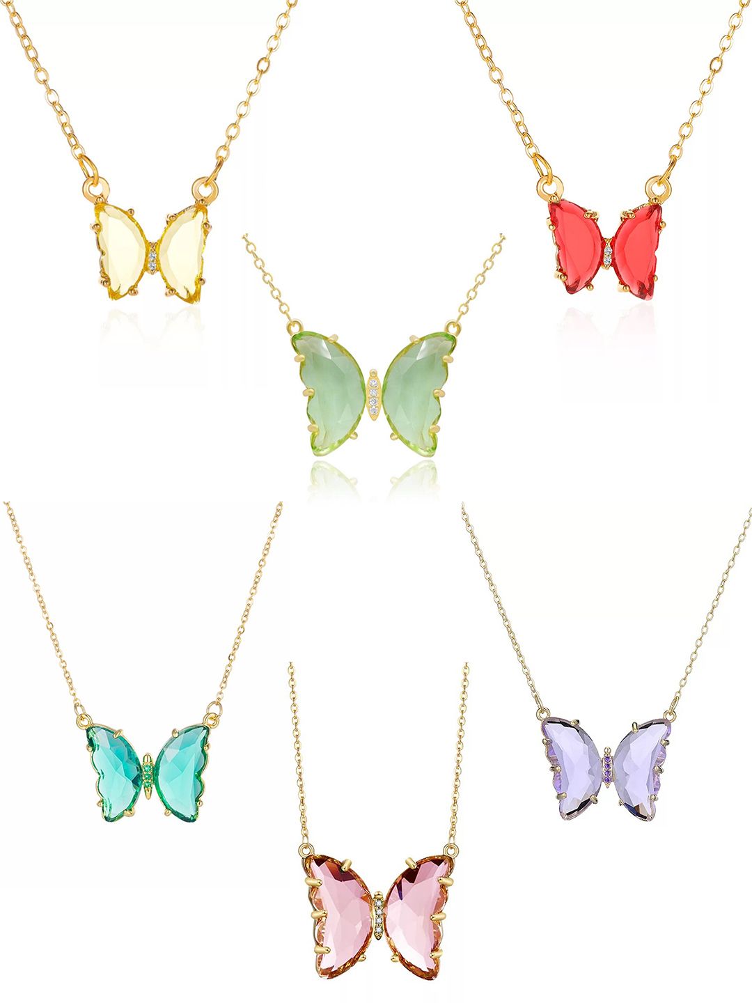 Vembley Set Of 6 Gold-Plated & Multicoloured Crystal Butterfly Pendant Necklace Price in India