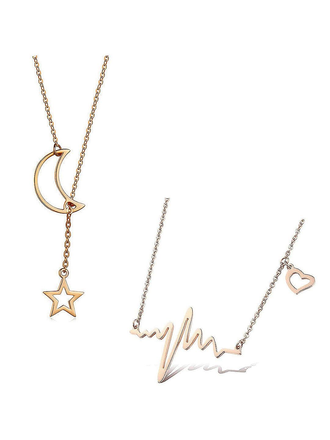 Vembley Gold-Toned Gold-Plated Heartbeat and Moon Dropping Star Necklace Price in India