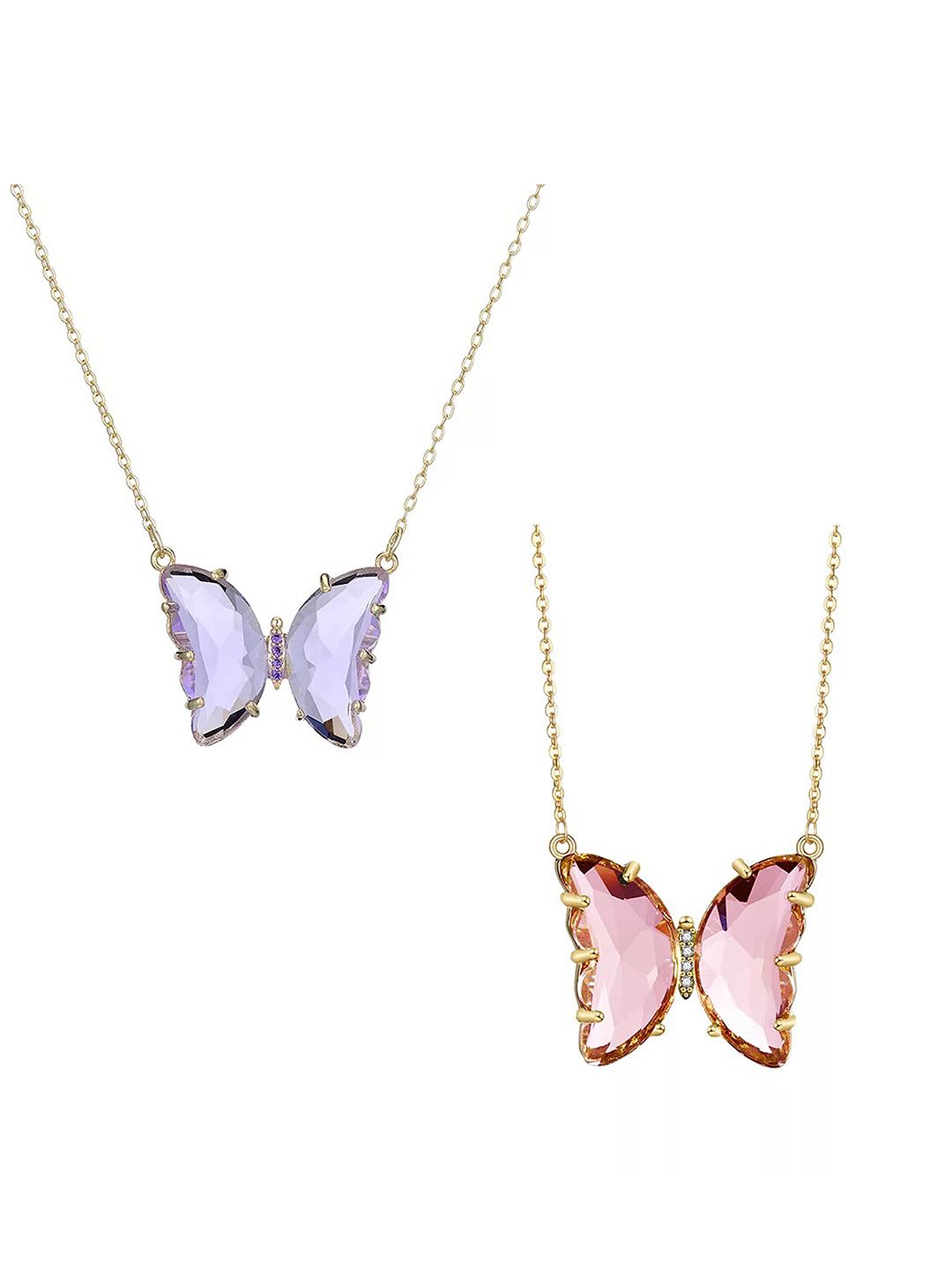Vembley Women Pack Of 2 Gold-Toned Purple & Pink Crystal Butterfly Pendant Necklace Price in India