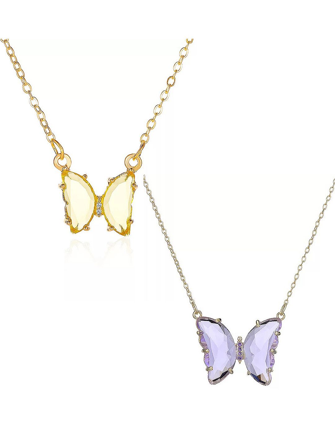 Vembley Women Pack Of 2 Gold-Toned Yellow & Purple Crystal Butterfly Pendant Necklace Price in India