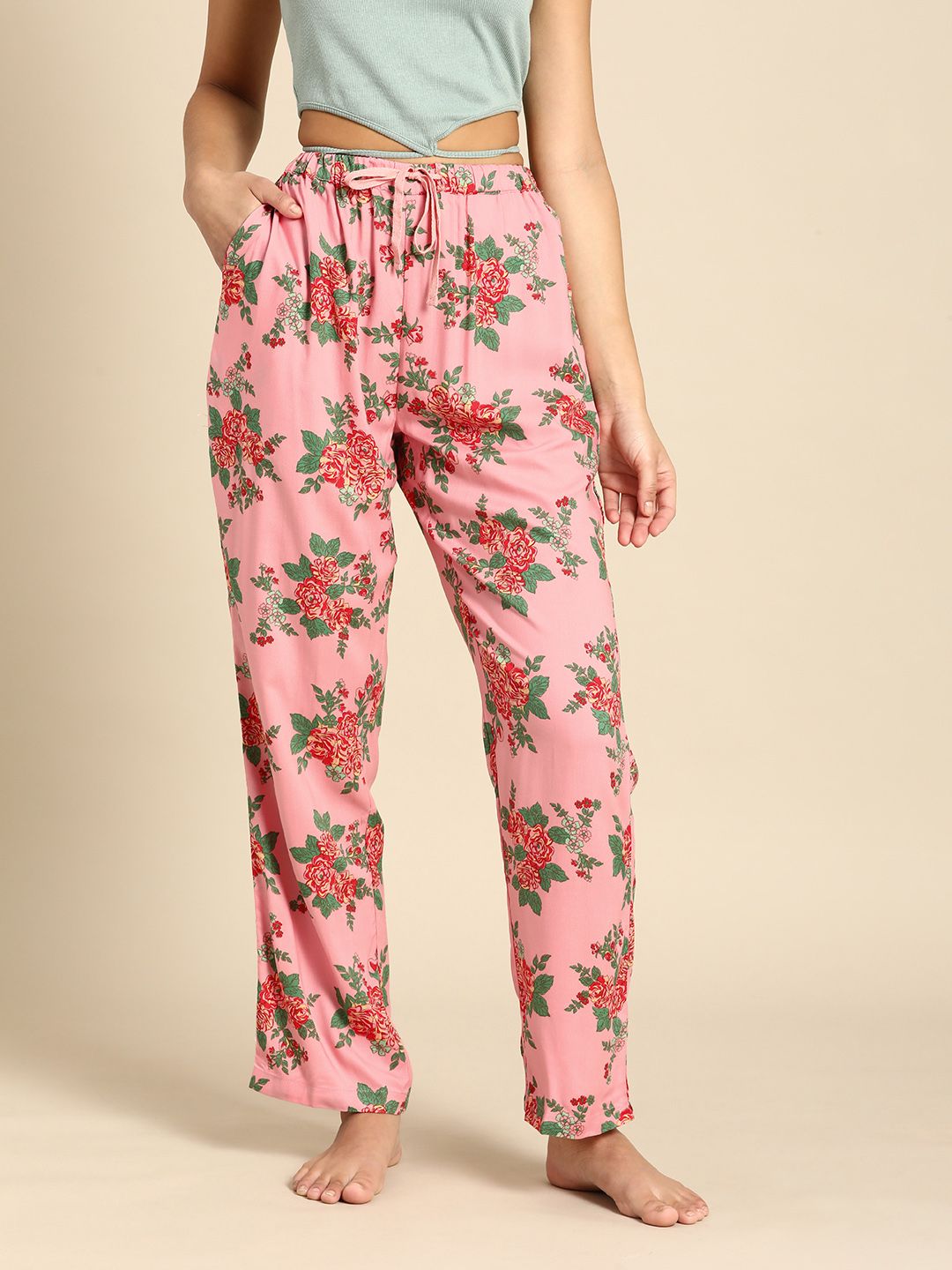 Dreamz by Pantaloons Women Pink & Green Printed Lounge Pants Price in India