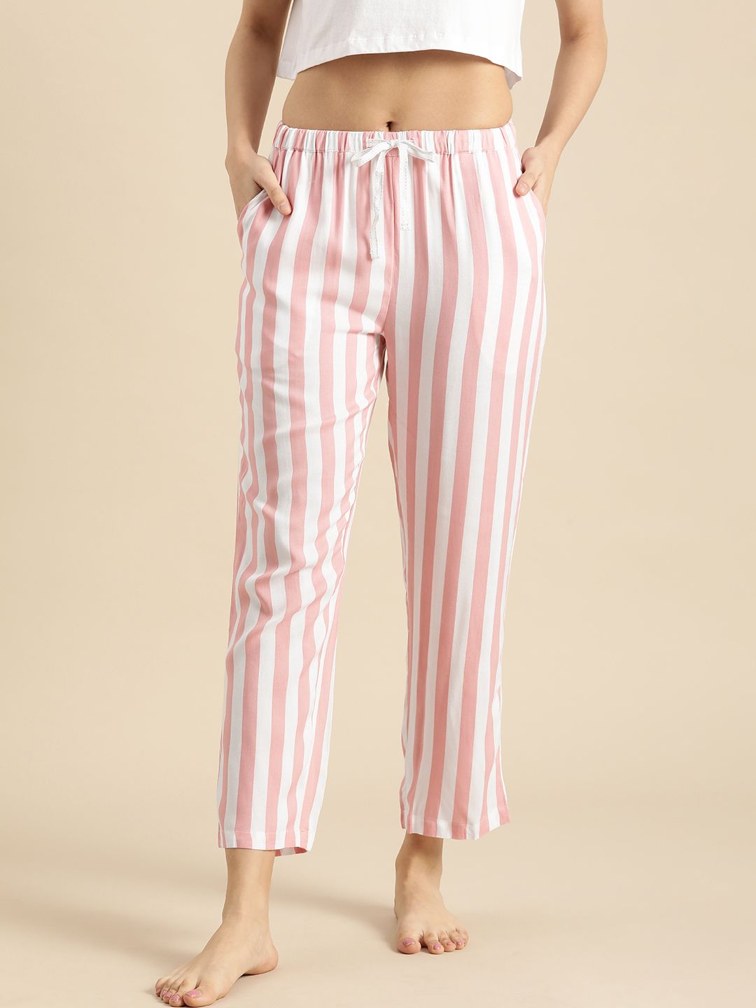 Dreamz by Pantaloons Women Peach Pink & White Mid-Rise Striped Viscose Rayon Lounge Pants Price in India