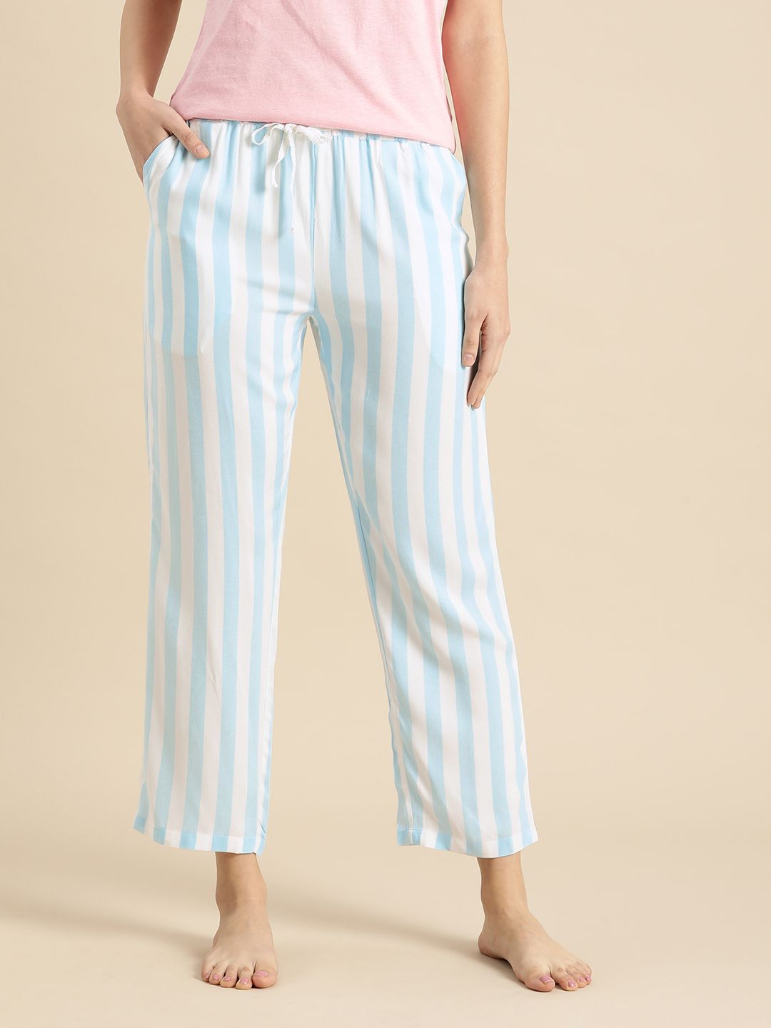 Dreamz by Pantaloons Women Blue & White Mid-Rise Striped Viscose Rayon Lounge Pants Price in India