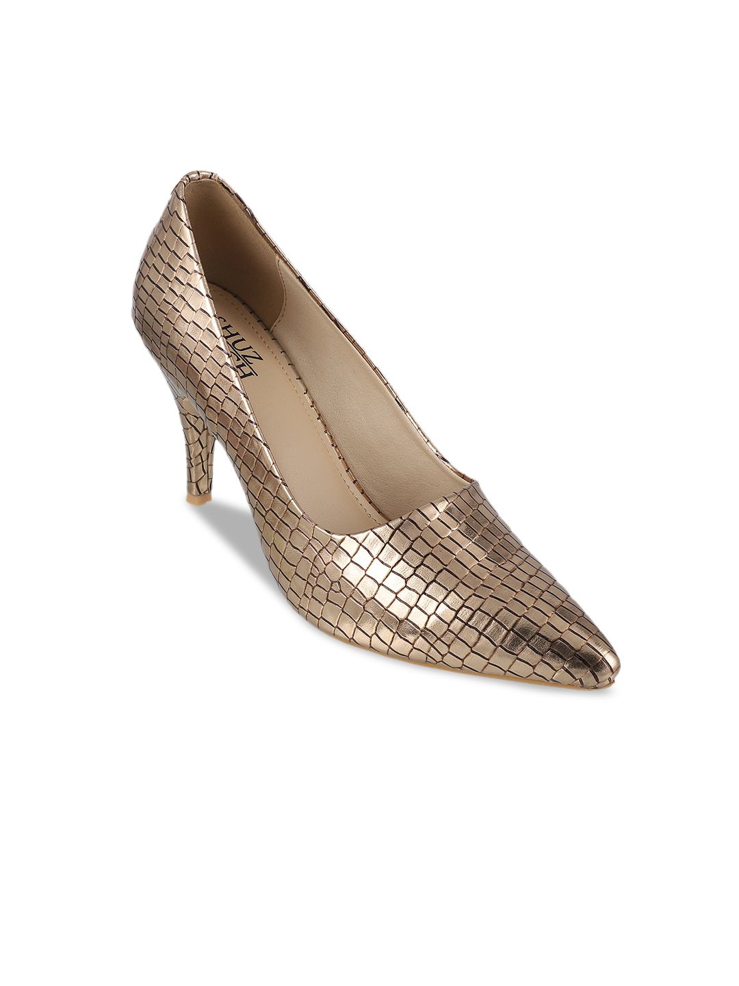 SHUZ TOUCH Gold-Toned Snakeskin Textured Slim Heeled Pumps Price in India