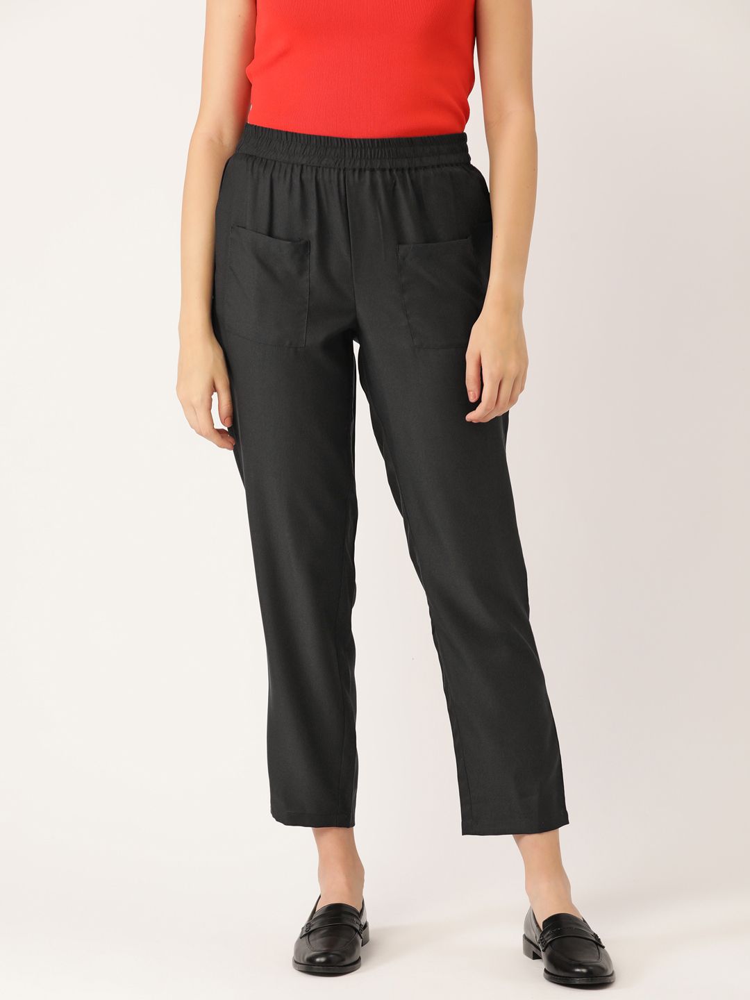 DressBerry Women Black Solid High-Rise Cropped Trousers Price in India