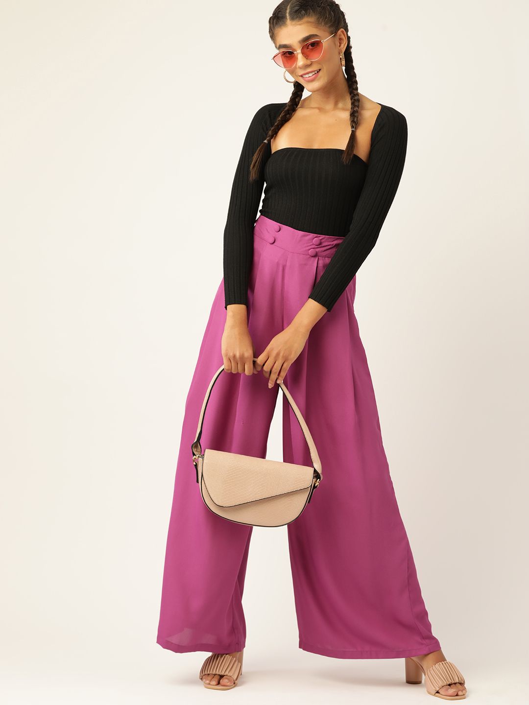 DressBerry Women Purple Solid Flared High-Rise Pleated Trousers Price in India