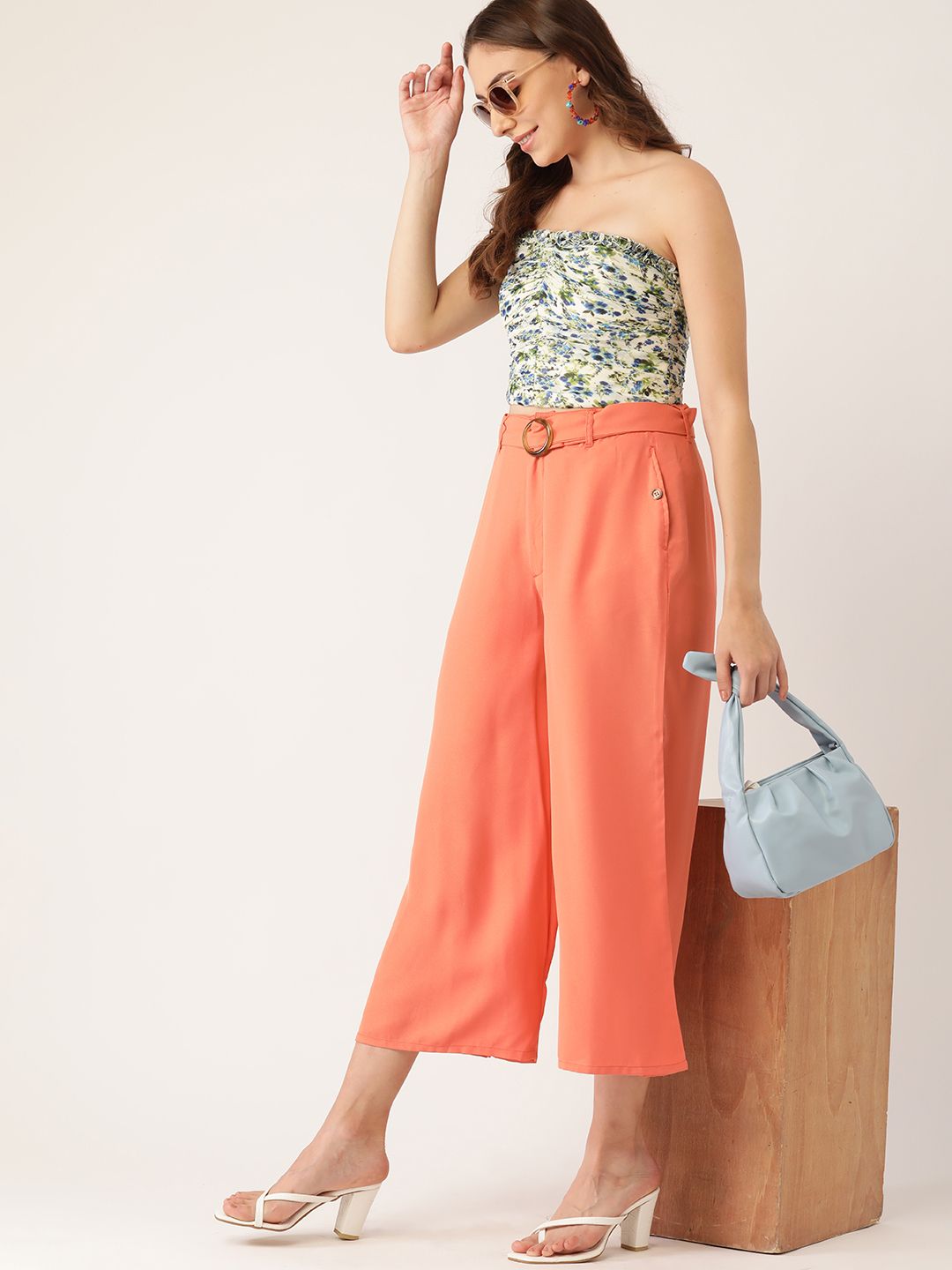 DressBerry Women Coral Orange Solid High-Rise Cropped Parallel Culottes with Belt Price in India