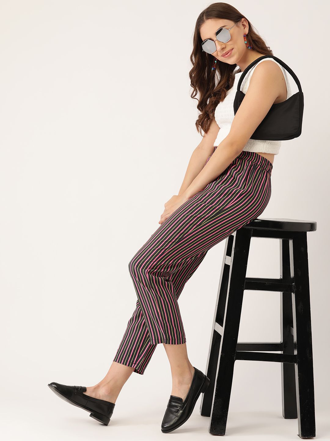 DressBerry Women Black & Pink Striped Cropped Trousers Price in India