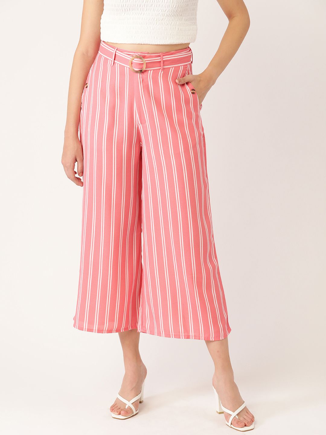 DressBerry Women Pink & White Striped High-Rise Cropped Culottes with Belt Price in India