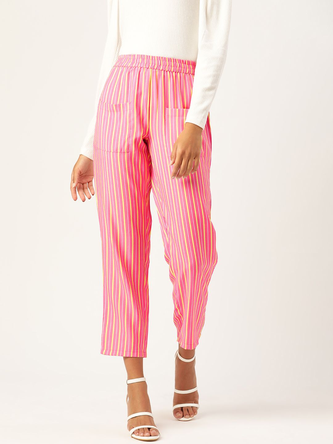 DressBerry Women Pink & Yellow Striped Regular Fit Cropped Trousers Price in India