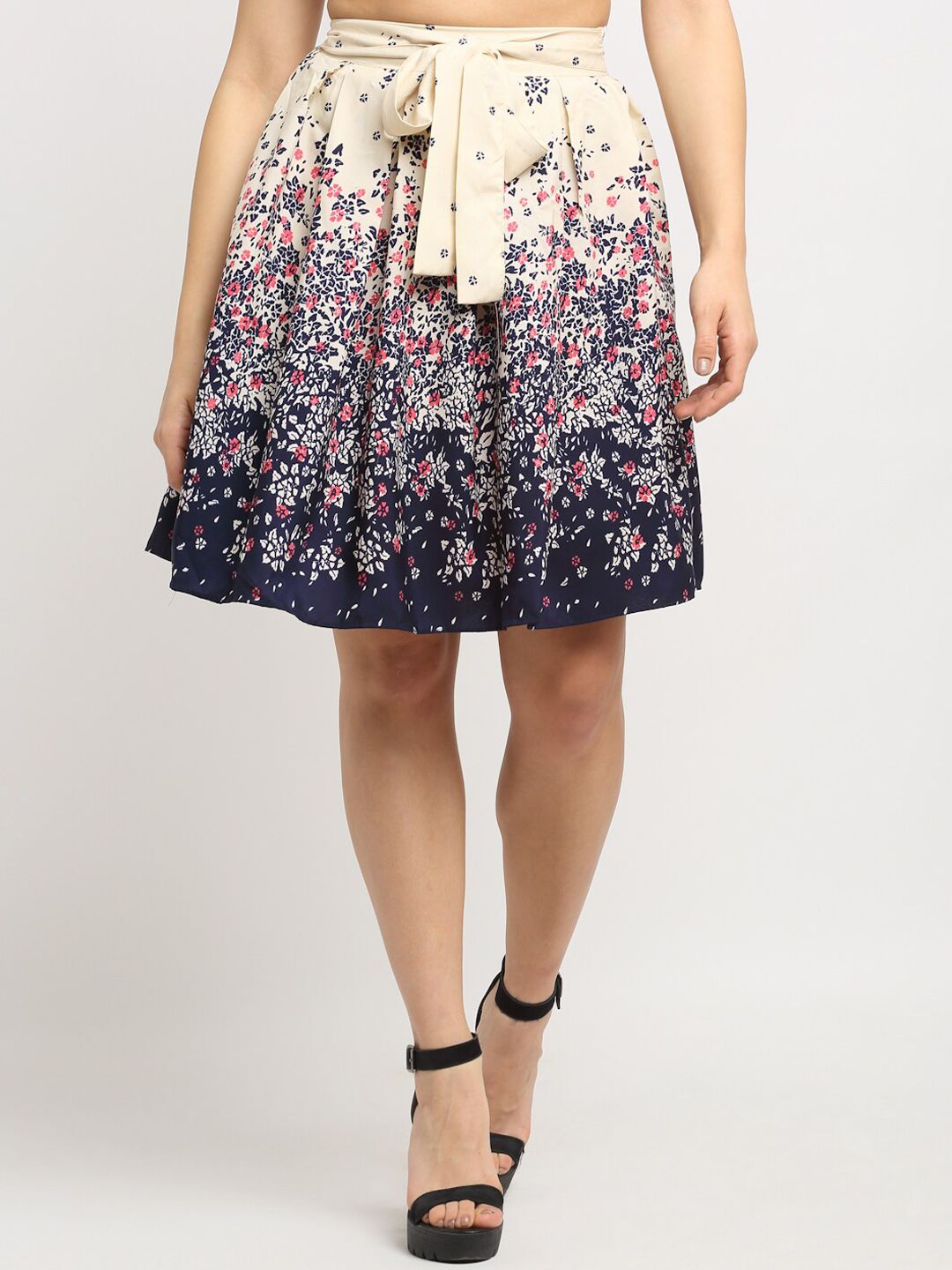 emeros Light Pink & Navy Blue Floral Printed Pleated Flared Skirt