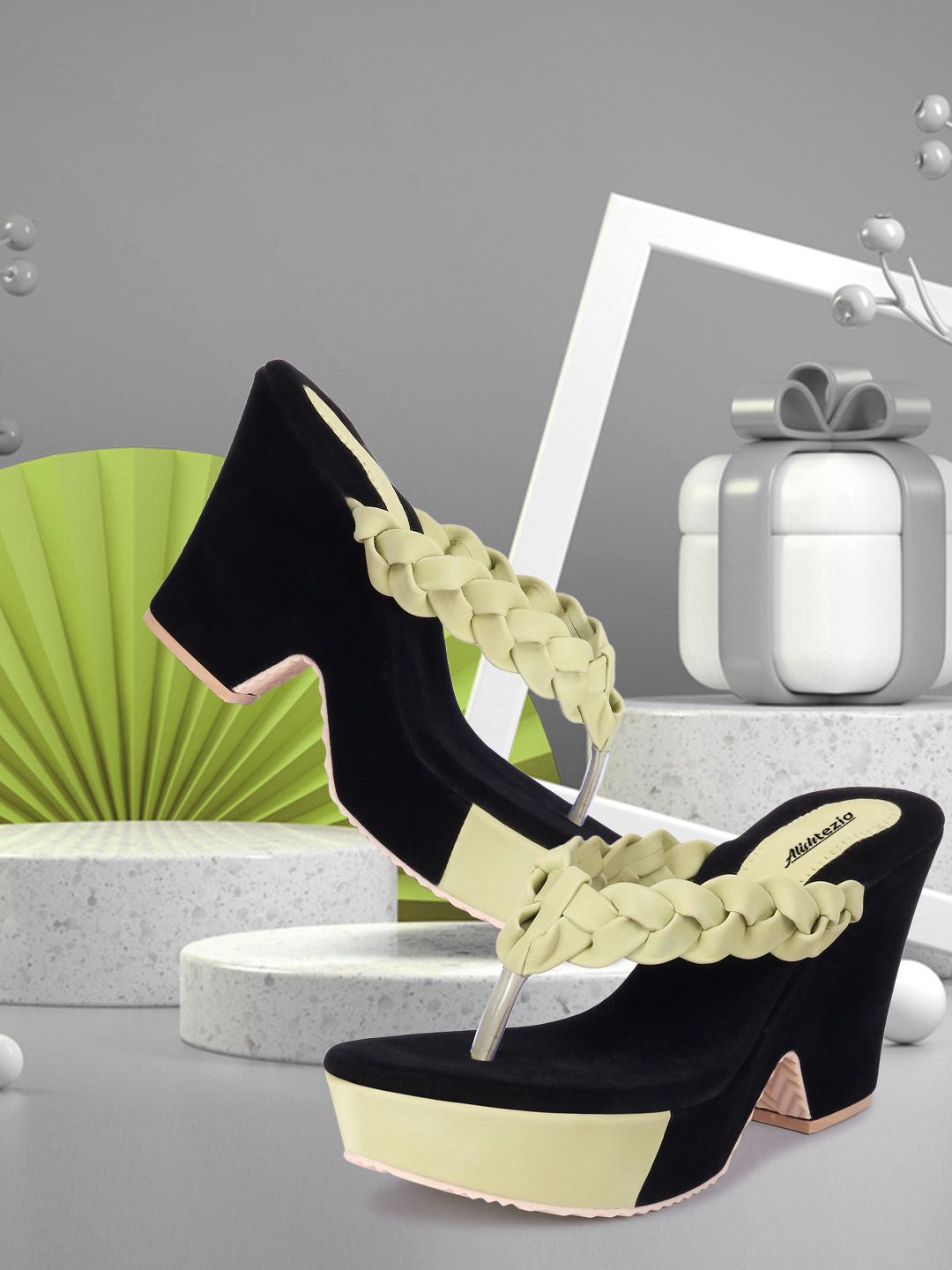Alishtezia Lime Green & Black Woven Design Suede Wedge Sandals Price in India