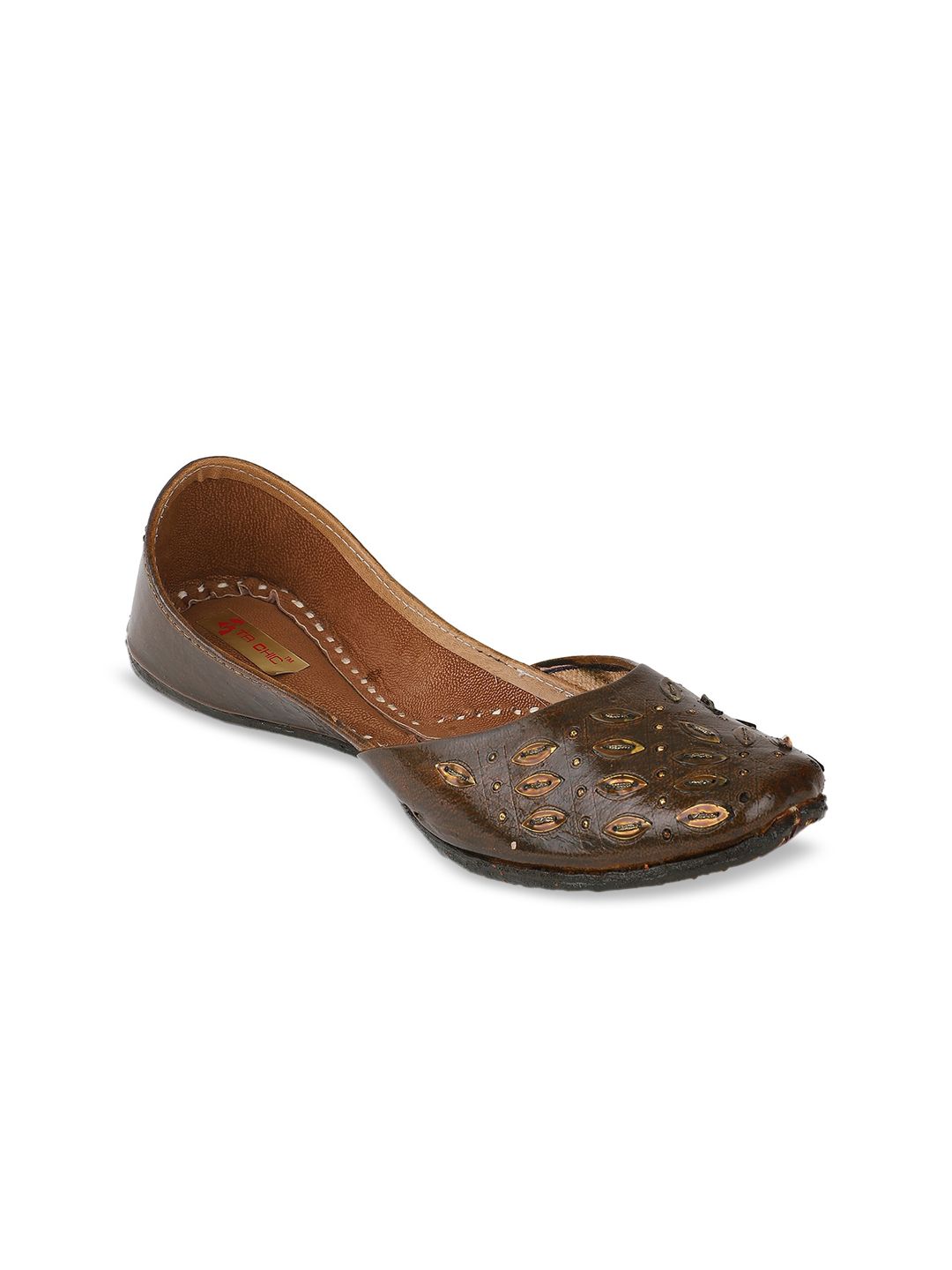 Ta Chic Women Brown Embellished Leather Ethnic Mojaris Flats Price in India