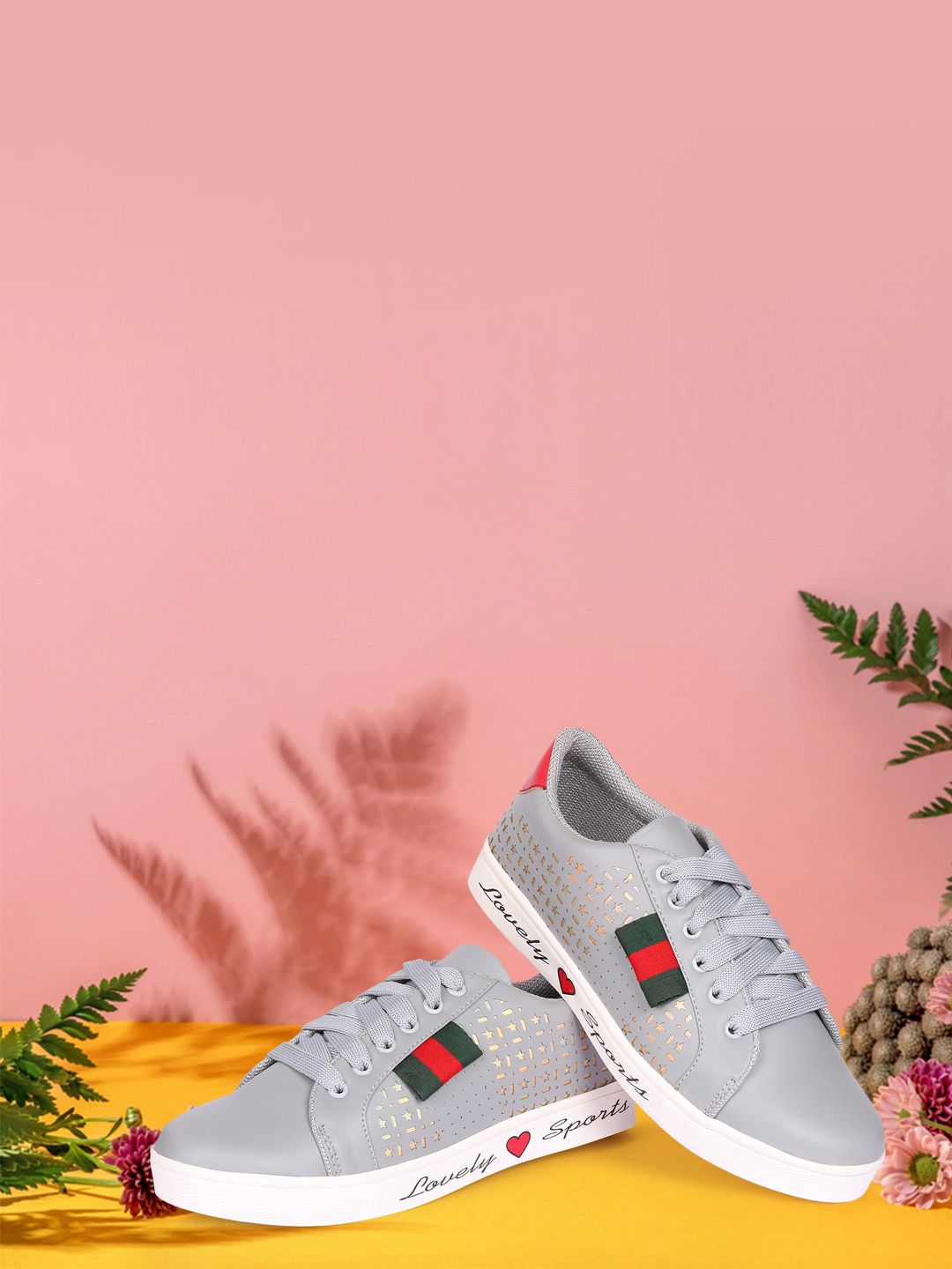 Longwalk Women Grey & Red Colourblocked PU Sneakers Price in India