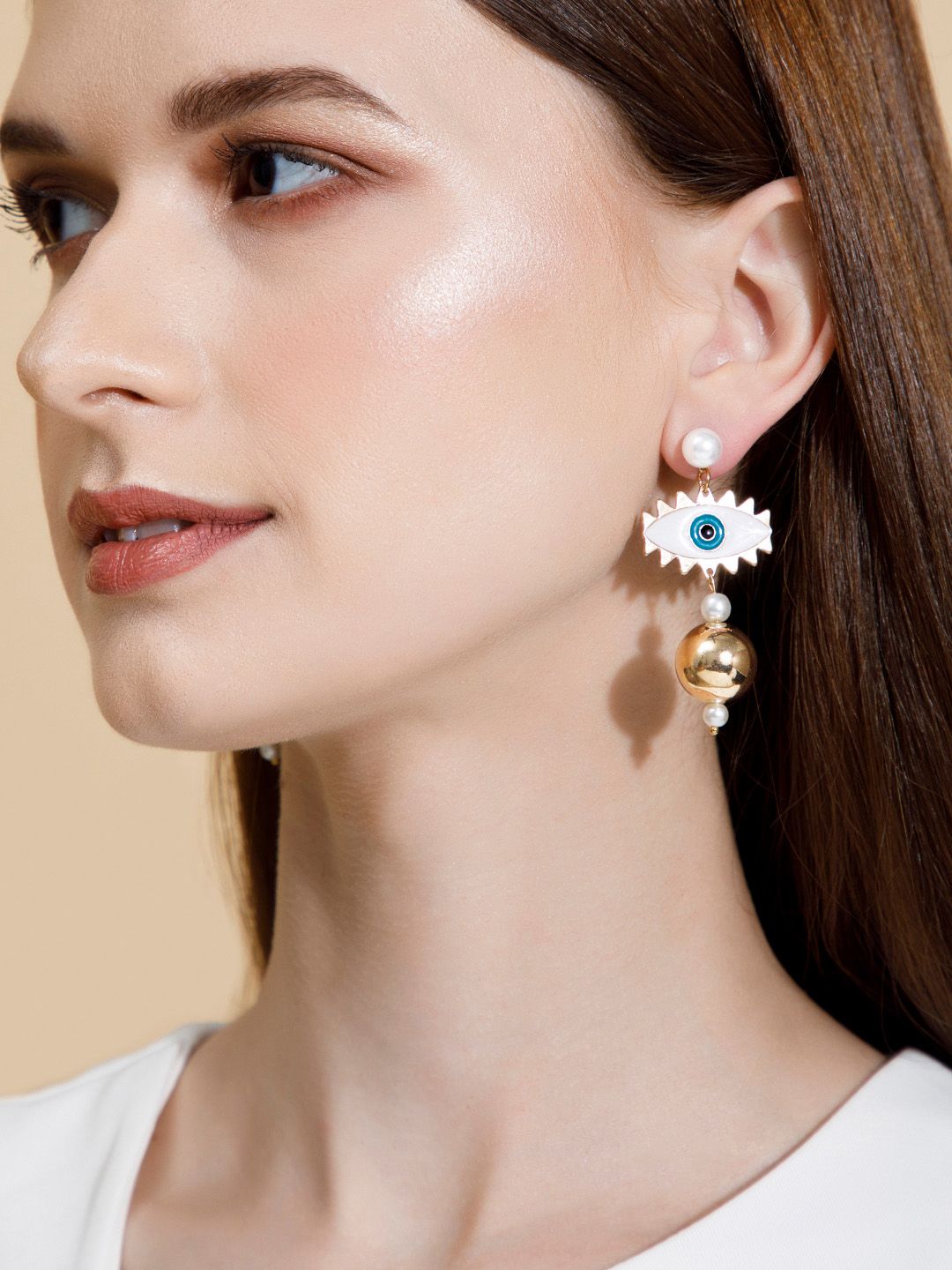 TOKYO TALKIES X rubans FASHION ACCESSORIES Gold-Toned & White Quirky Drop Earrings Price in India
