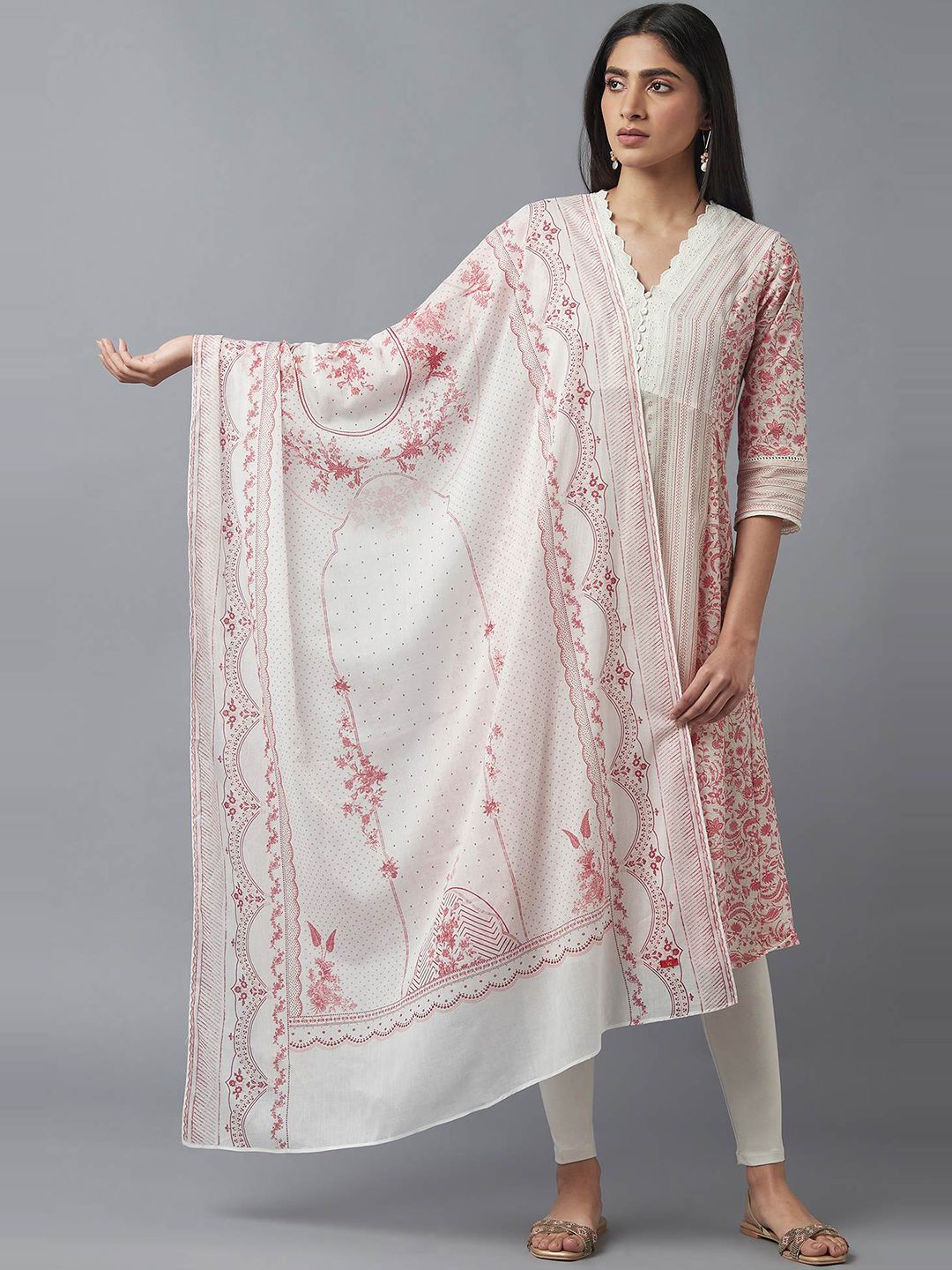 W Women White & Pink Printed Pure Cotton Dupatta Price in India