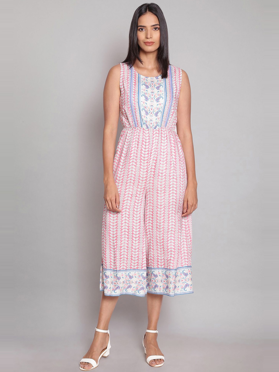 W Women Pink & White Printed Basic Jumpsuit Price in India