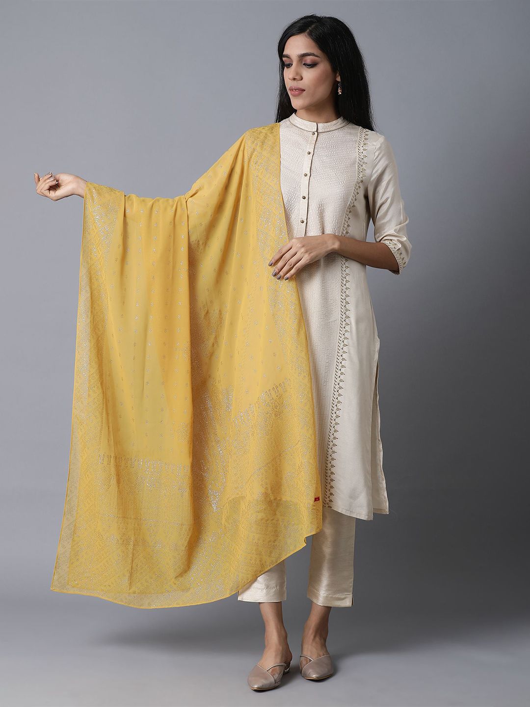 W Yellow & Gold-Toned Ethnic Motifs Printed Dupatta Price in India