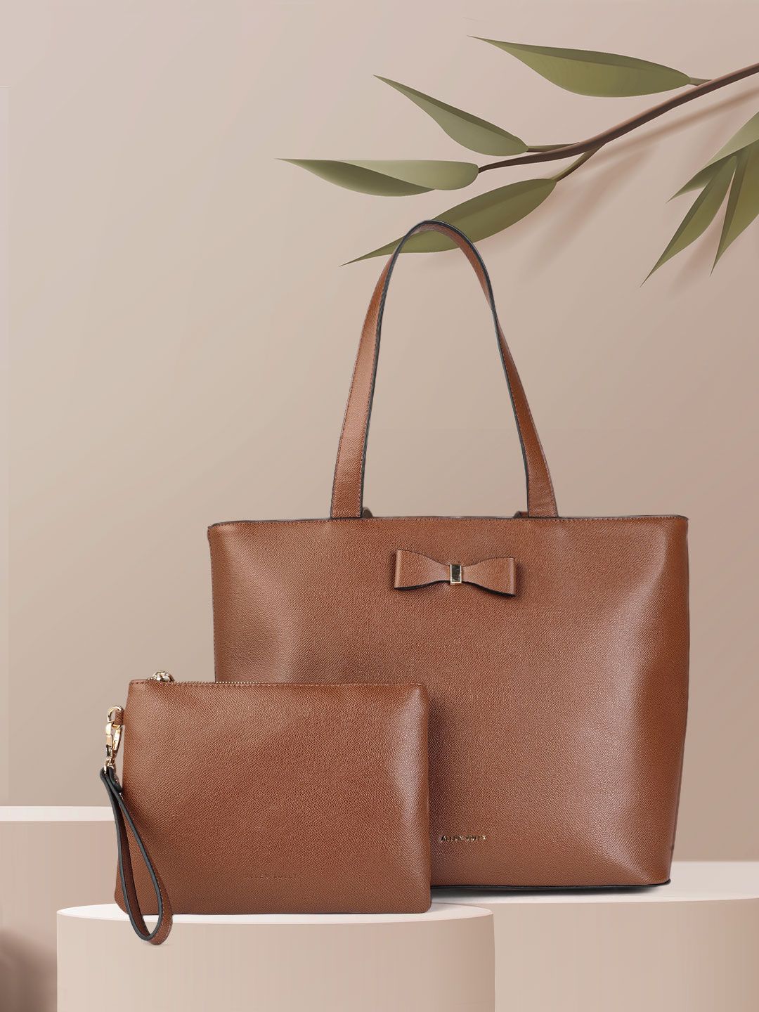 Allen Solly Camel Brown Solid Oversized Structured Shoulder Bag with Bow Detail Price in India