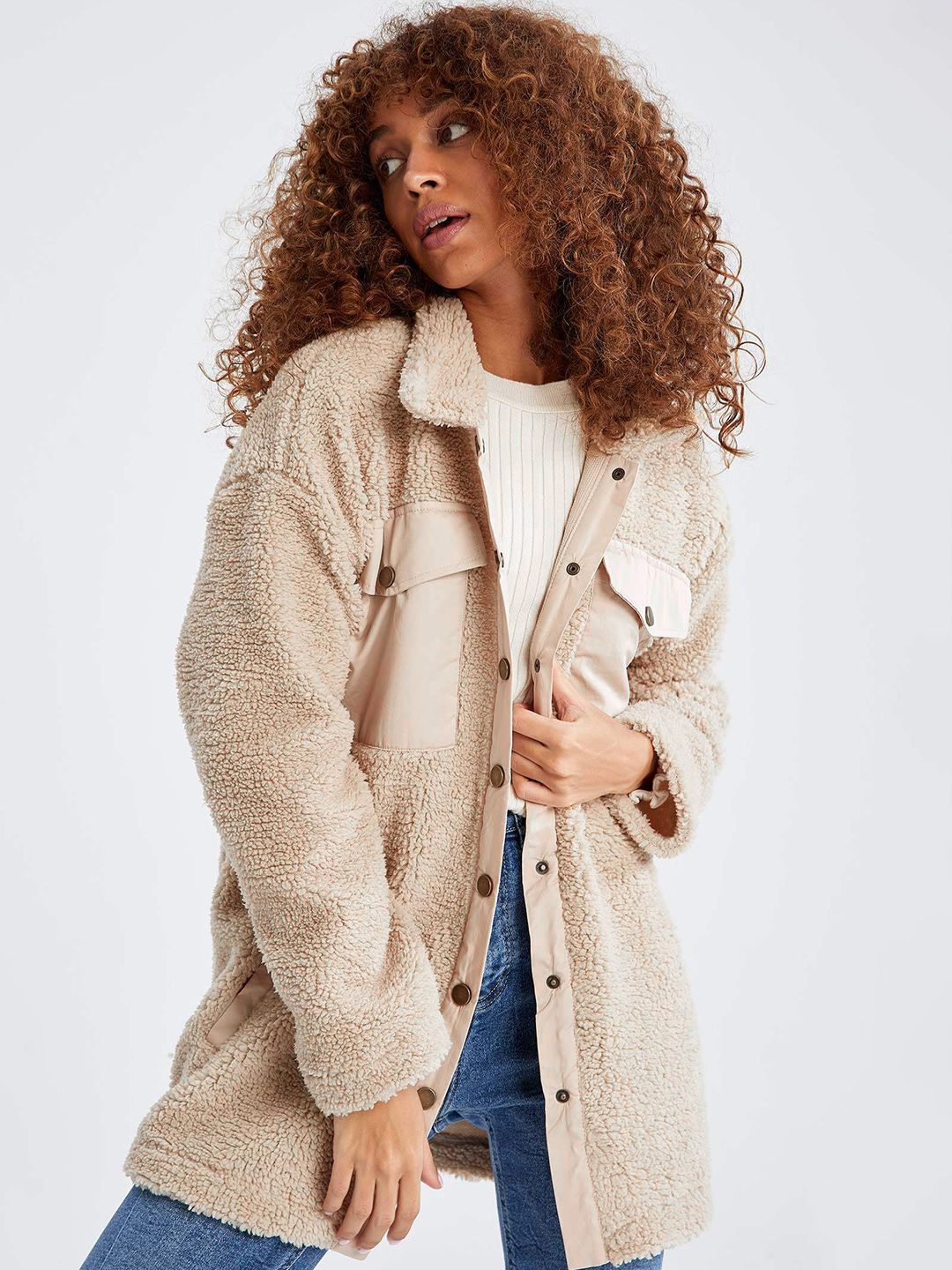 DeFacto Women Beige Sherpa Shacket with Oversized Pocket Price in India