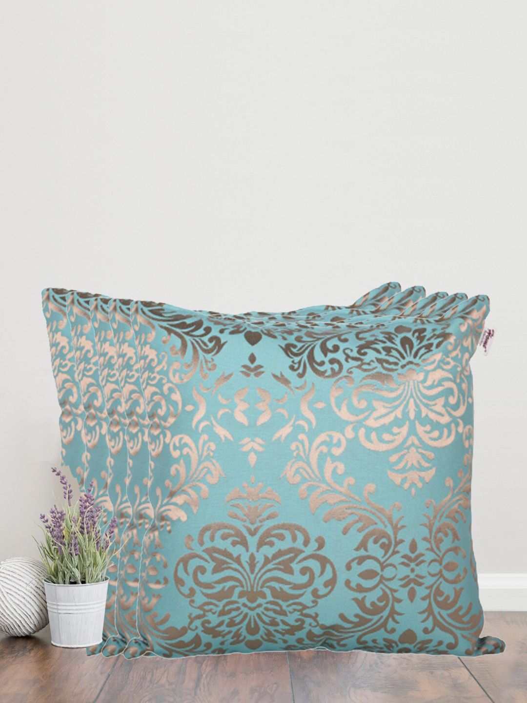 Home Turquoise Blue & Gold-Toned Set of 5 Ethnic Motifs Square Cushion Covers Price in India