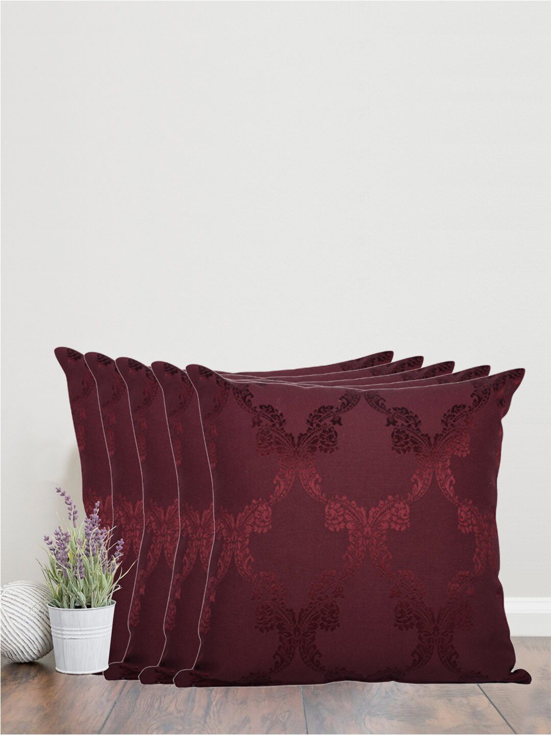 Home Burgundy Set of 5 Self Design Square Cushion Covers Price in India