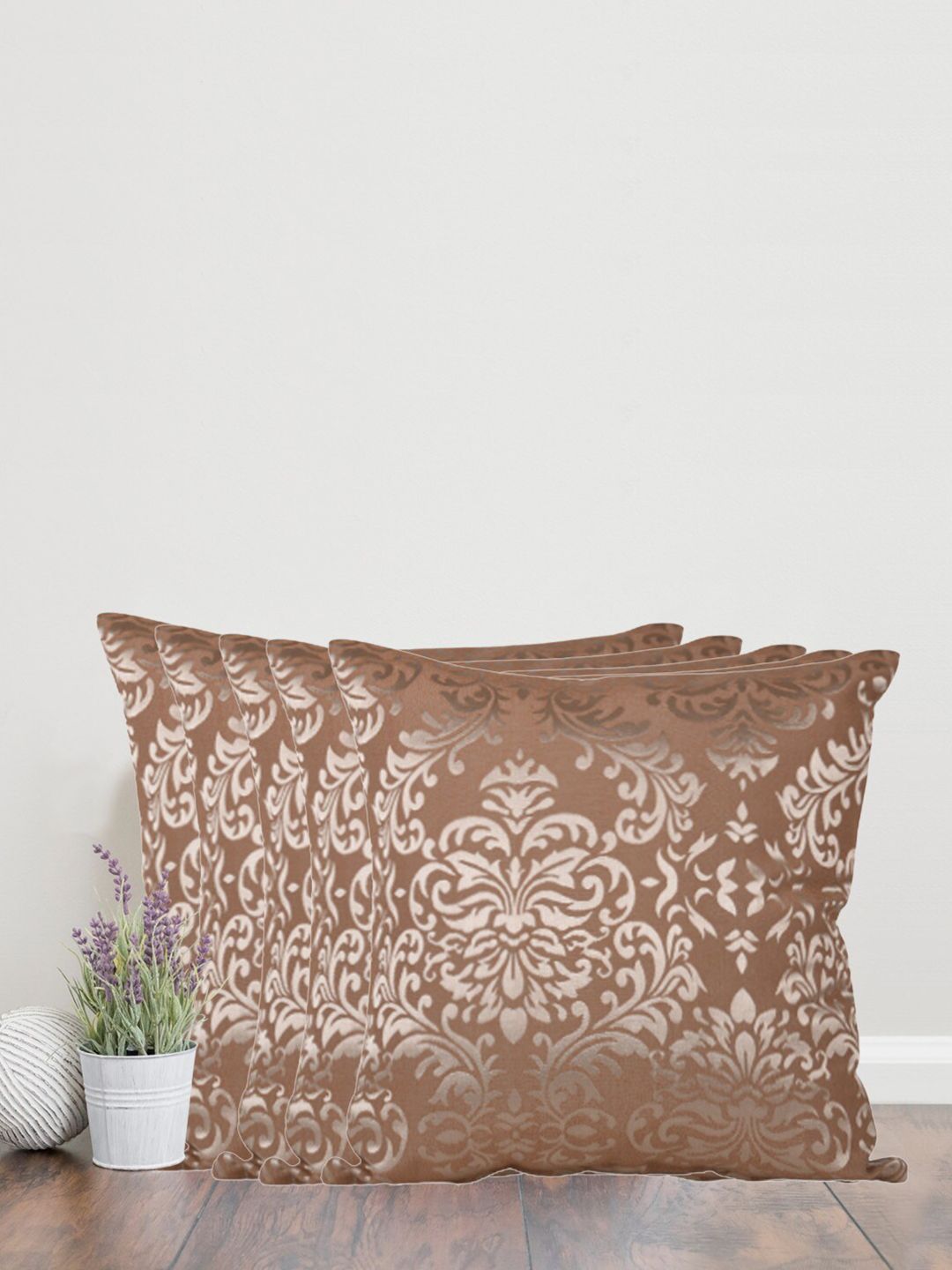 Home Brown & Gold-Toned Set of 5 26" X 26" Square Cushion Covers Price in India
