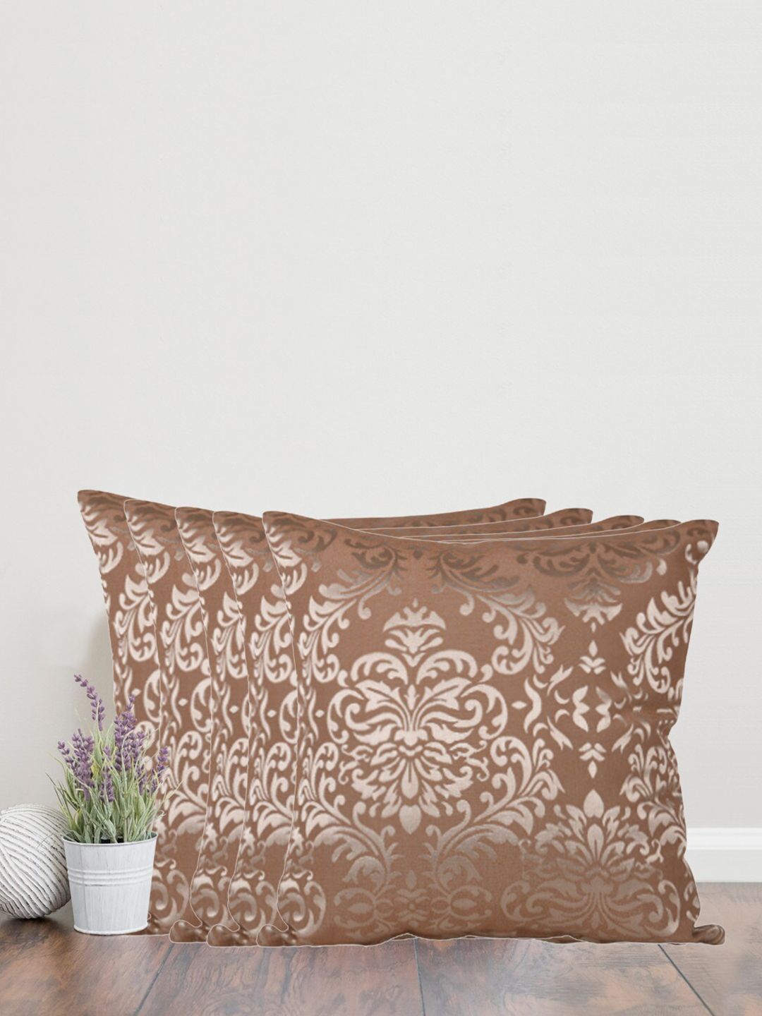 Home Brown & Gold-Toned Set of 5 Self Design Square Cushion Covers Price in India